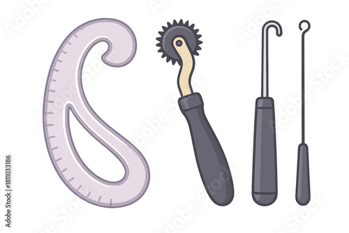 Essential tools for pattern making and tailoring: French curve ruler, tracing wheel, and specialized hooks
