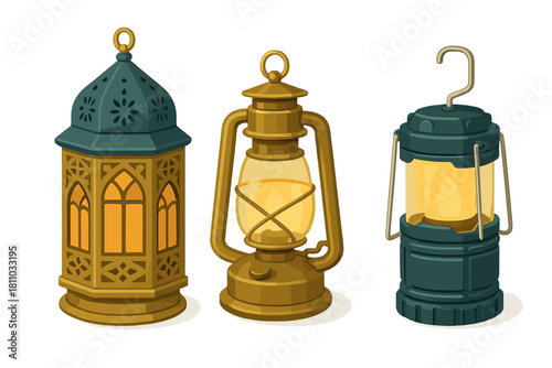 Set of three illuminated lanterns: Arabic, antique oil, and modern camping light