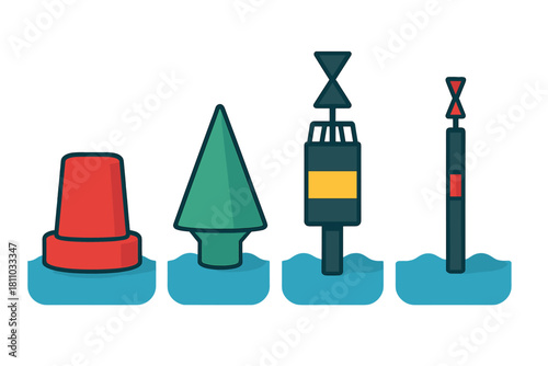 Four different marine navigational buoys floating in the water for maritime safety and guidance