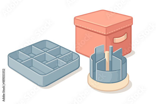 Isometric set of home organization tools including fabric box, tray, and rotating desk caddy