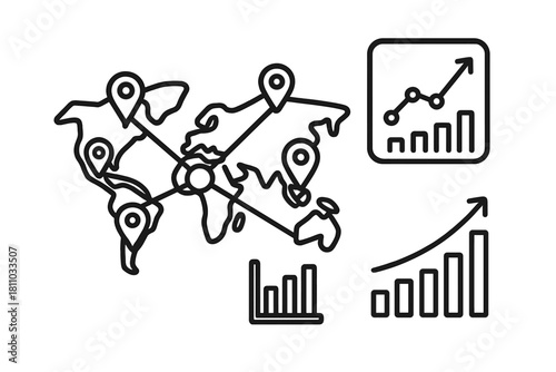 World business network map with ascending growth chart icons outline