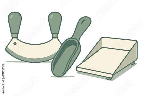 Set of kitchen cutting and preparation tools including mezzaluna and scoop