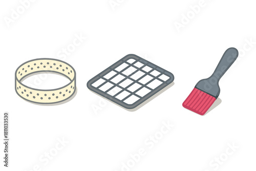 Isometric set of baking tools including pastry ring, cooling rack, and basting brush