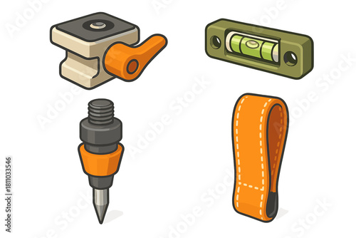 Isometric photography accessories set featuring tripod mount, level, spike, and strap