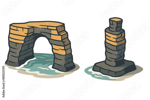 Coastal rock formations with sea arch and stack isolated on white background