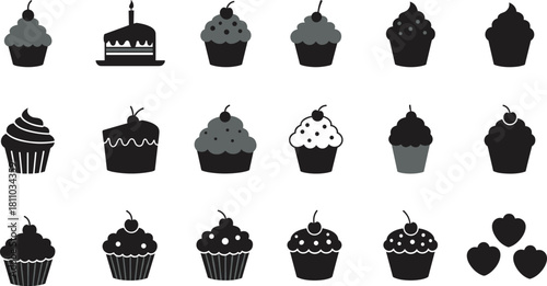 Black Silhouette Cupcake and Cake Icons Set, Sweet Treats with Cherry Toppings and Frosting, Bakery and Dessert Symbols, Holiday Food Vector Illustration Collection.