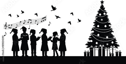Black Silhouette of Children Singing Christmas Carols, Decorated Tree with Gifts, Flying Birds and Musical Notes, Festive Holiday Scene Vector Illustration.