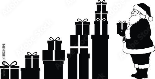 Black silhouette of Santa Claus standing next to growing stacks of Christmas gift boxes, holiday presents chart or graph concept, vector illustration of gift delivery and seasonal giving.