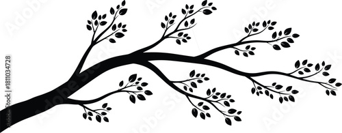 Black silhouette of tree branch with leaves vector illustration isolated on white background for nature design, floral decoration, and environmental spring season art concepts.