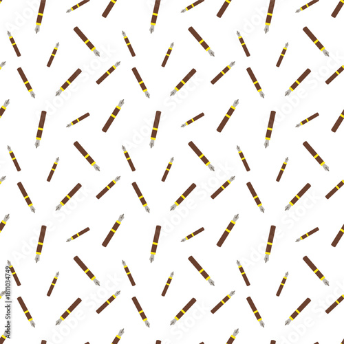 flat design of pen with a dark brown body, a gold band, and a silver nib, all outlined in dark brown