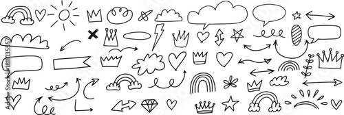 HandDrawn Doodle Set Crowns, Rainbows, Hearts, Arrows, Clouds, Speech Bubbles and More Clip Art