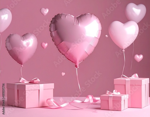 Soft pink balloons, hearts, and gift boxes create a sweet scene. A floating ribbon adds delicate detail to the composition