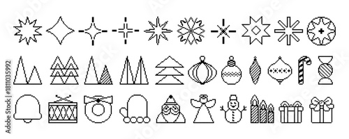 Christmas Black line pixel game icon vector set. Retro computer 8 bit pixelated minimalist holiday elements