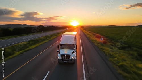 Aerial View of a White Semi Truck Driving on a Highway into the Sunset.