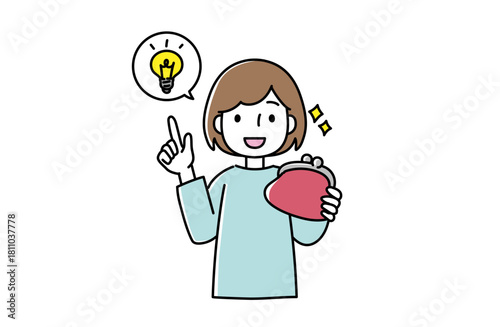 がま口を持ってひらめく女性のイラスト