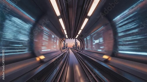 Futuristic High Speed Train Journey Through a Luminous Sci Fi Tunnel to a Modern Metropolis.