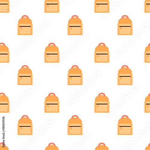flat design pattern of backpack. It features a main body in a light orange or peach color with dark brown outlines. There's a handle at the top and a rectangular front pocket