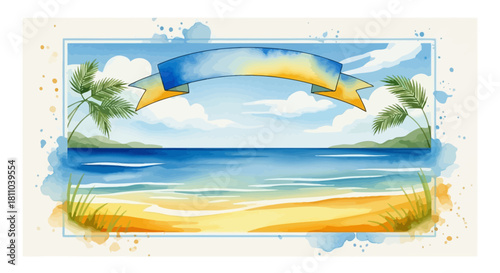 Watercolor Beach Scene with Ribbon Banner
