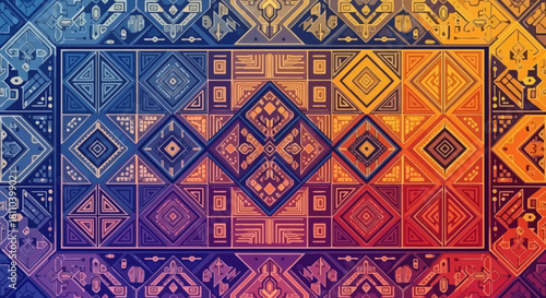 Intricate geometric pattern of nested squares and diamonds with a vibrant color gradient.