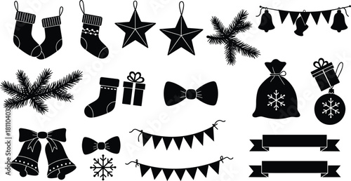 Christmas Holiday Silhouettes Black Vector Icons Set, Festive Decoration Symbols Including Stockings, Stars, Pine Branches, Bows, Bells, Banners, and Gift Bags for Design Elements.