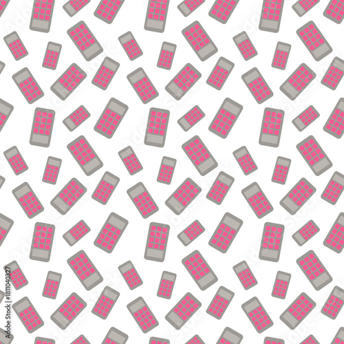 flat design pattern of calculator. It features a rectangular grey body with rounded corners, a dark grey display screen at the top, and twelve pink square buttons arranged in a grid below the screen