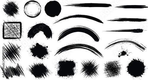 Mega bundle of different ink brush strokes:rectangle,square and round freehand drawings.Ink splatters,grungy painted lines,artistic design elements