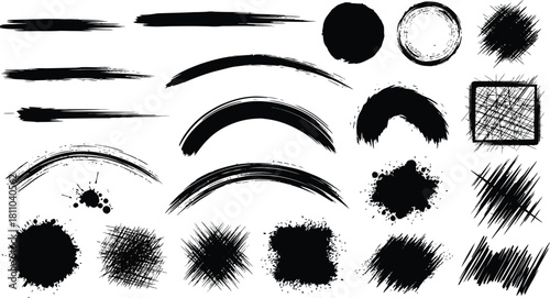 Mega bundle of different ink brush strokes:rectangle,square and round freehand drawings.Ink splatters,grungy painted lines,artistic design elements