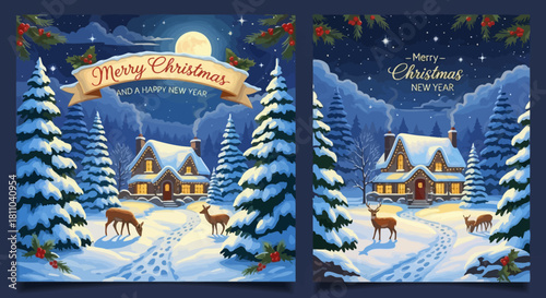 Two Christmas cards with a snowy winter landscape, houses, deer, and a moonlit sky.