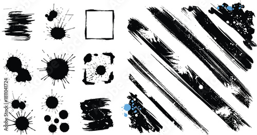 Mega bundle of different ink brush strokes:rectangle,square and round freehand drawings.Ink splatters,grungy painted lines,artistic design elements