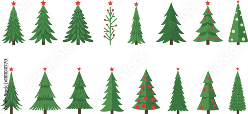 Christmas tree collection vector illustration set, featuring different shapes, decorated, and plain pine trees with red stars, flat cartoon graphic design elements for holiday card, banner, and winter