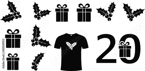 Christmas vector graphic set with holly berries leaves, stacked gift box presents, and t-shirt design mockup, silhouette style illustration for holiday sale, event, greeting card, and December banner.