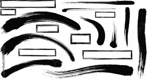 Mega bundle of different ink brush strokes:rectangle,square and round freehand drawings.Ink splatters,grungy painted lines,artistic design elements