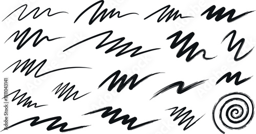 Vector hand drawn charcoal pencil squiggles, rough brush strokes, scribbles, bold zigzag line and swirls. Crayon doodle wavy strip, chalk smears, curly underlines.