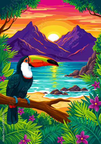 Vibrant Toucan Perched on a Branch Overlooking a Tropical Paradise with Mountains and Ocean During a Beautiful Sunset
