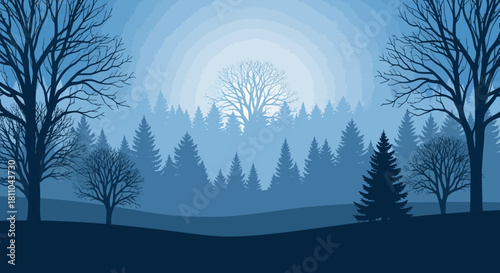 A serene winter forest scene with bare trees in the foreground and a dense evergreen forest receding into a misty, blue-hued background under a pale sun.