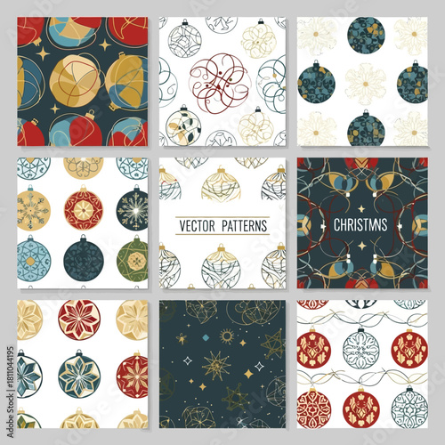 A collection of nine square images showcasing various seamless patterns featuring Christmas ornaments and festive designs.