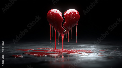 A red liquid heart breaking and floating over the ground , black background.