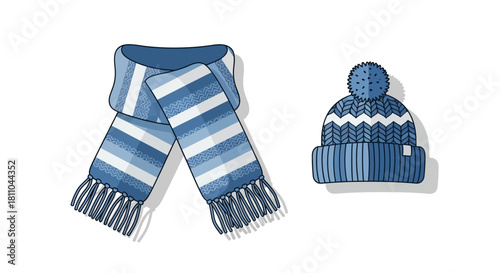 A blue striped winter scarf and a matching knitted hat with a pompom, isolated on a white background.