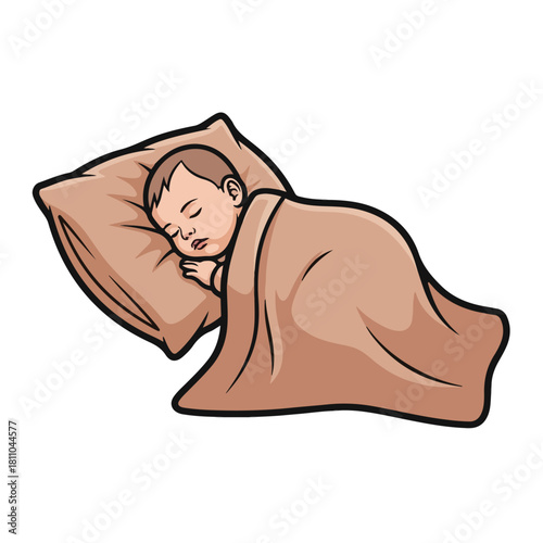 Illustration of a peaceful baby sleeping soundly under a blanket on a pillow, representing rest and innocence