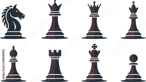 A complete set of elegant black vector chess pieces, including King, Queen, Knight, and Pawn, featuring a stylish gradient shadow, perfect for representing strategy, business competition, and intellec