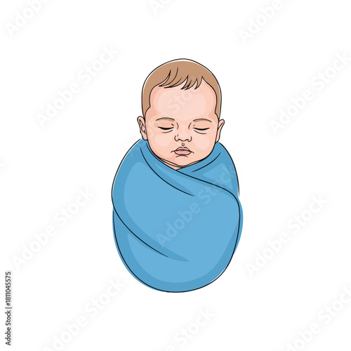 Adorable illustration of a sleeping newborn baby wrapped in a cozy blue swaddle blanket, evoking feelings of peace and innocence