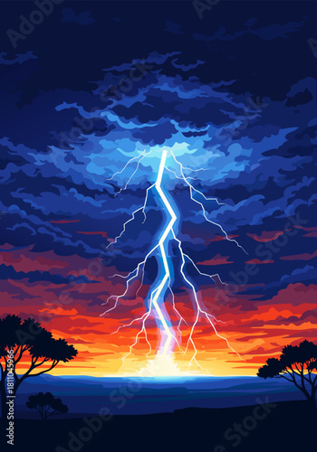 A powerful lightning strike illuminates dramatic storm clouds above a vibrant sunset, showcasing nature's raw electric force and breathtaking sky