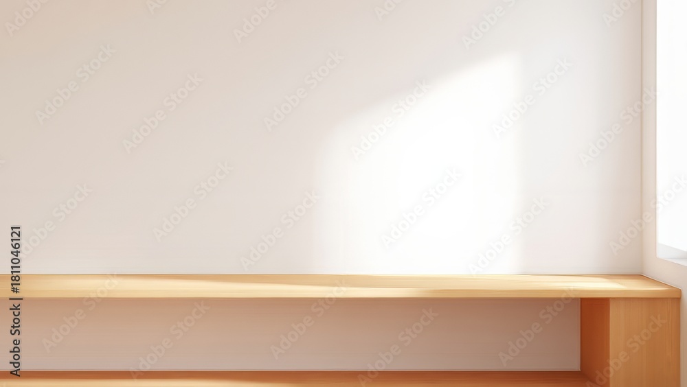 Fototapeta premium Minimal Interior Soft Wood Bench Sunlit Wall Neutral Space 4K Home Decor AI 