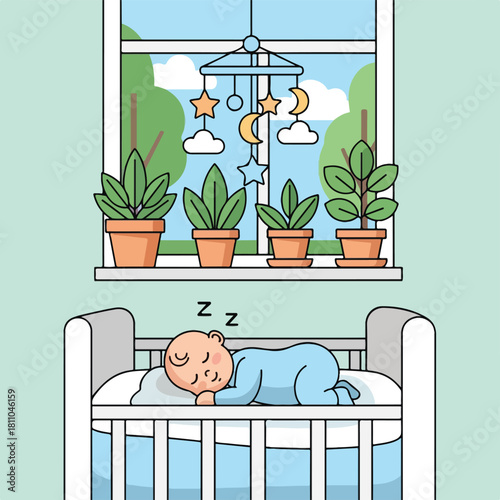 A peaceful baby sleeps soundly in a crib, surrounded by plants and a mobile above, bathed in gentle daylight