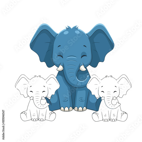 Cute blue elephant with two small baby elephants illustrations