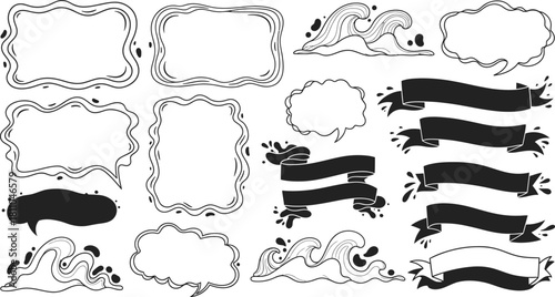 Crayon drawn funky picture frames and doodle borders. Cute oval, rectangle and square shaped frames. Whimsical wedding wavy borders with decorative lines.