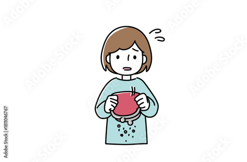 空のがま口を持って困っている女性のイラスト