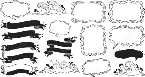 Crayon drawn funky picture frames and doodle borders. Cute oval, rectangle and square shaped frames. Whimsical wedding wavy borders with decorative lines.