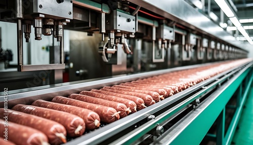 Sausages are processed on a long conveyor belt in a clean, automated food manufacturing facility, highlighting efficient mass production