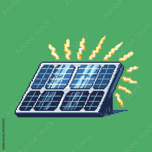 A pixel art illustration of a solar panel generating energy with bright yellow rays on a solid green background, symbolizing renewable power.